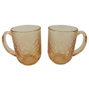 Vintage Arcoroc France Mugs Handled Cups Pink Rosaline Floral Pressed Glass